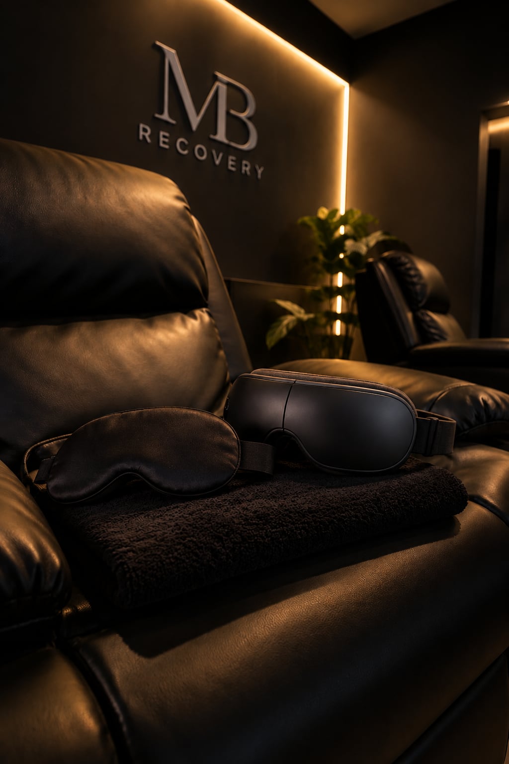 Un masajeador ocular y una máscara de descanso apoyados sobre una toalla doblada, en un sillón de cuero negro, en un ambiente cálido y oscuro de estilo MB Recovery.